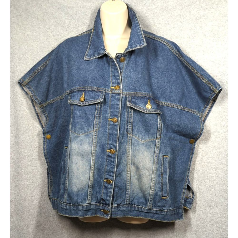 Denim Jacket Poncho Cape Women 2X Blue Pockets Distressed Boho Layering Prairie